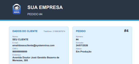 Pedido do cliente organizado no System Nina